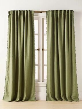 New Anthropologie luxe linen blend blackout curtains Holly green fringe 96 x 50